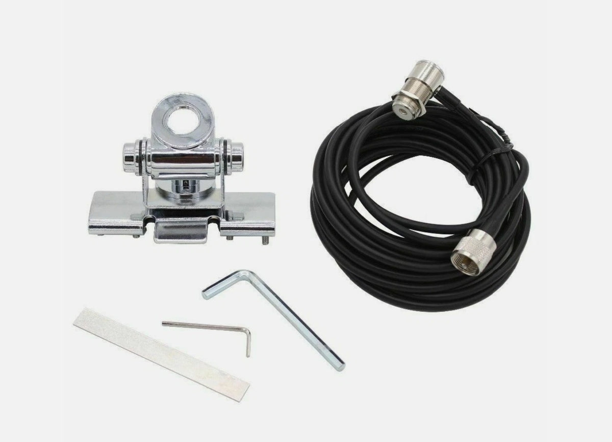 Soporte rebatible metálico y cable coaxial para antena móvil VHF/UHF